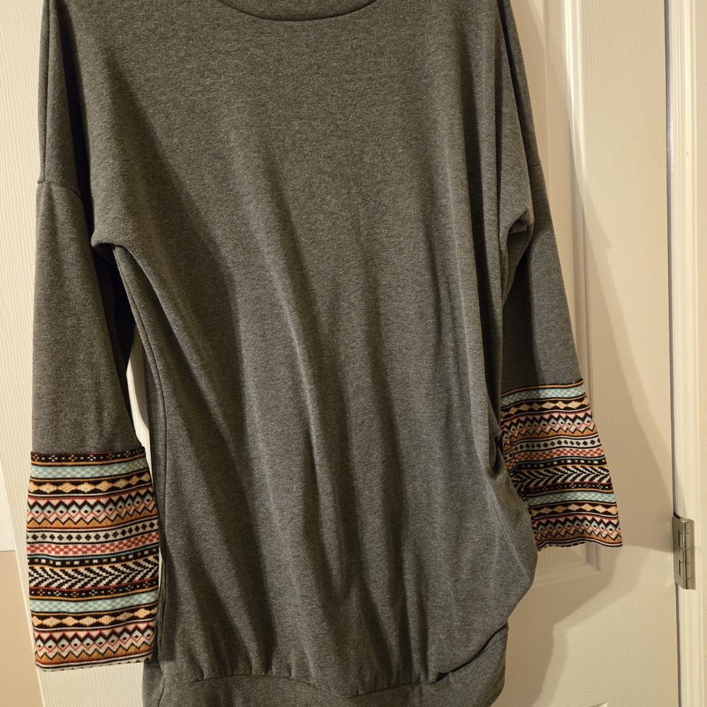 Charcoal Gray Women's Top with Patterned Sleeves